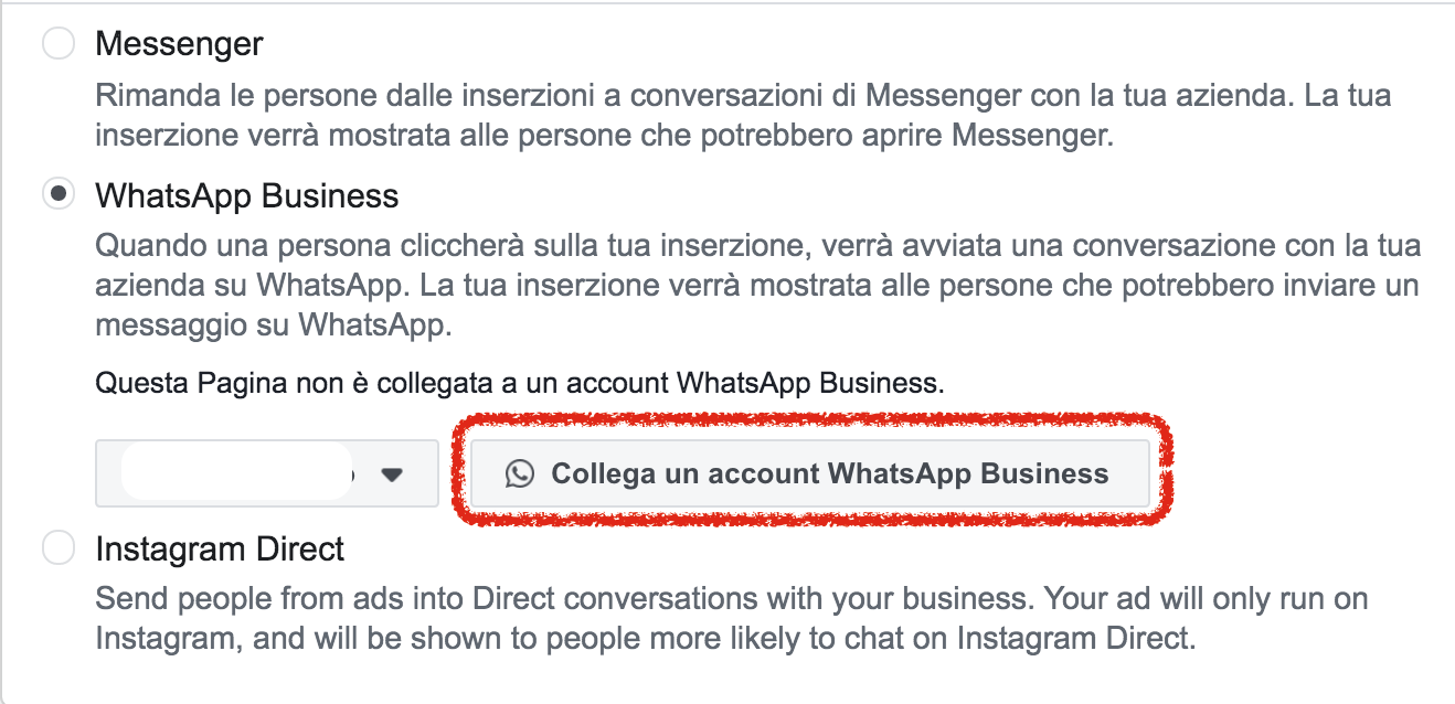 collegamento whatsapp business pagina facebook